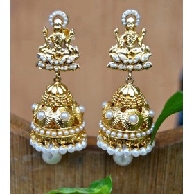 Gold Plated Goddess Pearl Jhumka Earrings